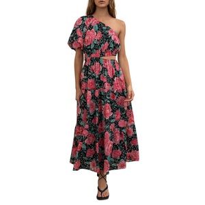 Moon River One Shoulder Floral Print Cutout Midi Dress